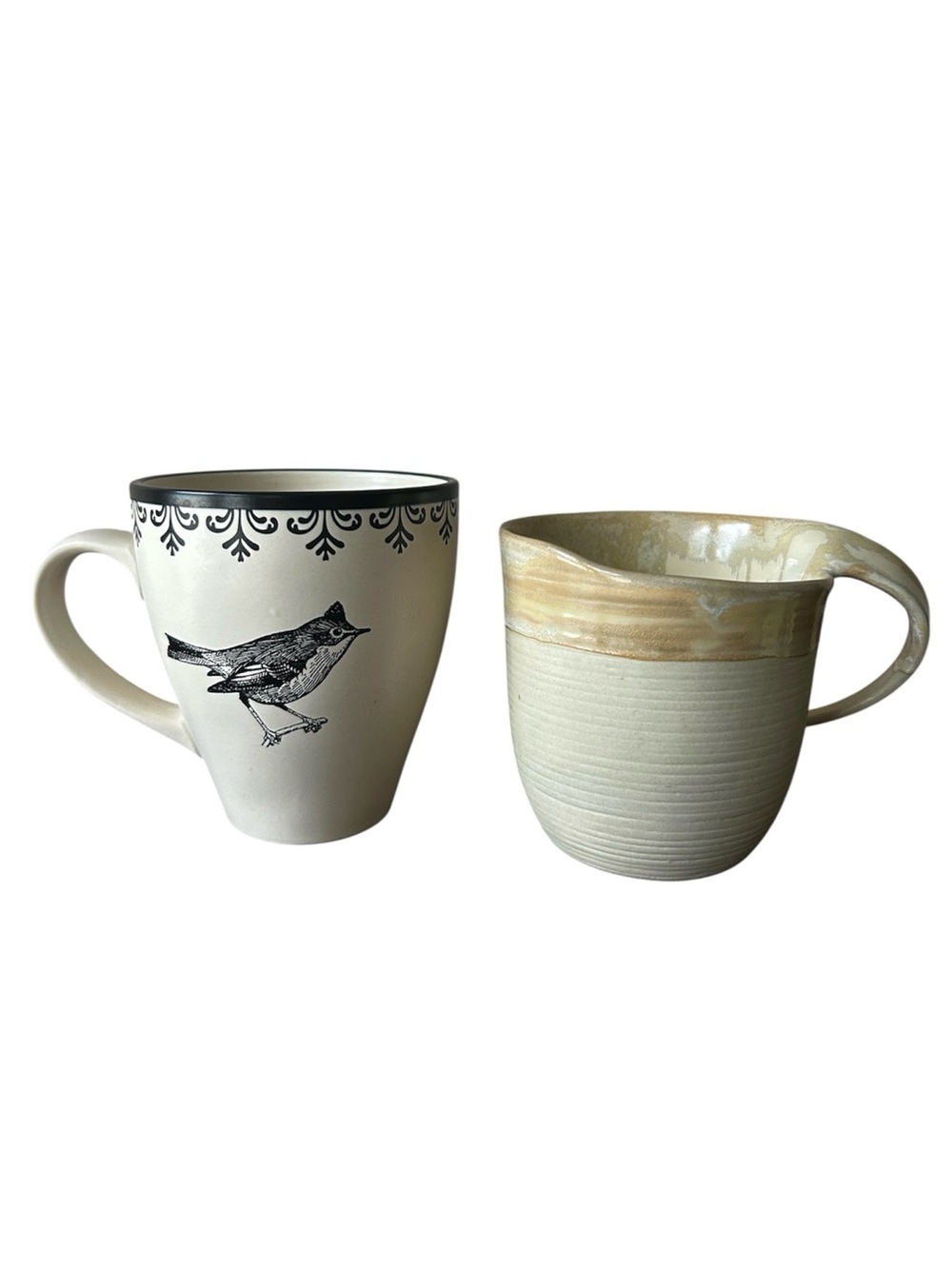 World Market Set 2 Stoneware Cream Reactive Glaze & French Letterpress Bird Mugs